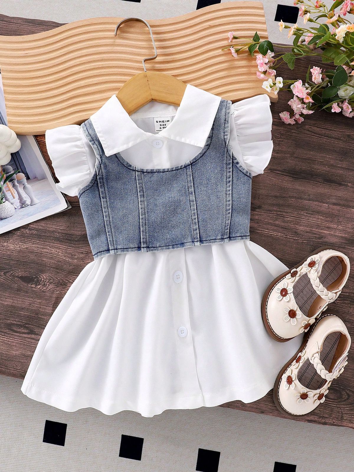 Flokra White Cap Sleeve Dress With Denim Vest