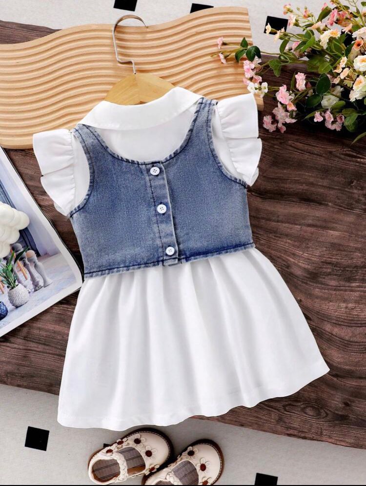 Flokra White Cap Sleeve Dress With Denim Vest
