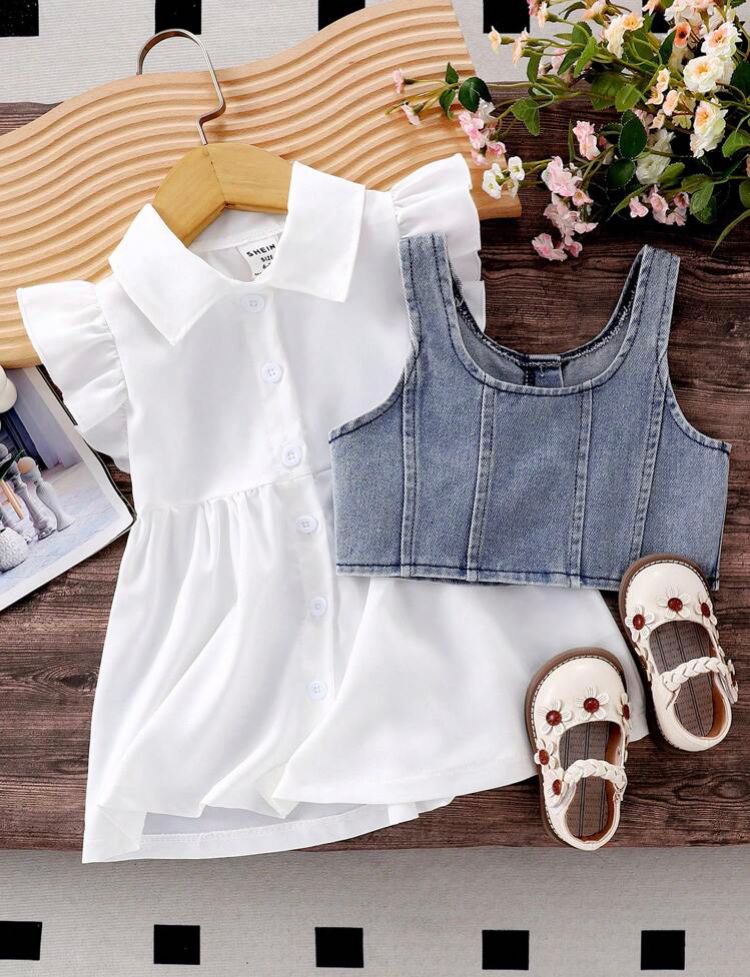 Flokra White Cap Sleeve Dress With Denim Vest