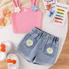 Pink 2pcs Baby Girl Cute 3D Flower Strap Top And Denim Shorts Set For Summer
